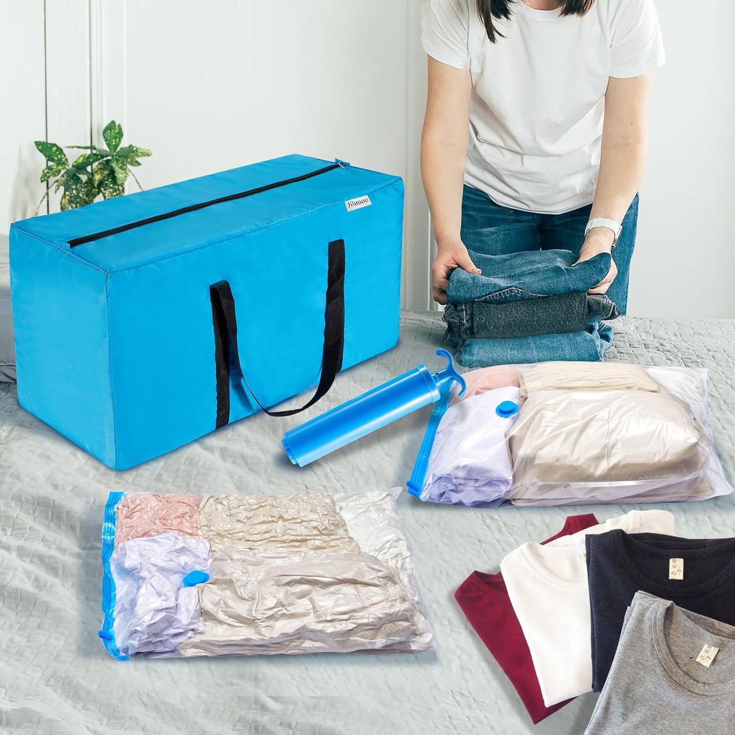 2-in-1 Space Saving Storage Bundle: Extra Large Blue Moving Bag (31.5"L) + Transparent Vacuum Compression bag with Hand Pump for Clothes, Bedding & Dorm Move-In (3 Moving Bags+3 Vacuum bags)