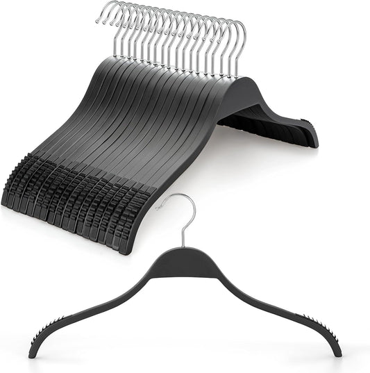 TOPIA HANGER Slim Wooden Hangers with Extra Soft Non-Slip Rubber Grips, 18-Pack High-Grade Fashion Black Hanger No Shoulder Bump for Sweater, Camisole, Jacket, Dress, Coat-CT16B