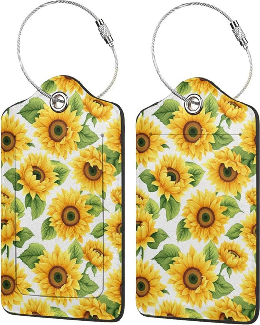 Lovely Sunflower Leather Luggage Tag with Stainless Steel Ring, Fun Name Id Card Cover Travel Bag Tag Set, Suitable for Travel Bag Luggage Women Men 1 PCS