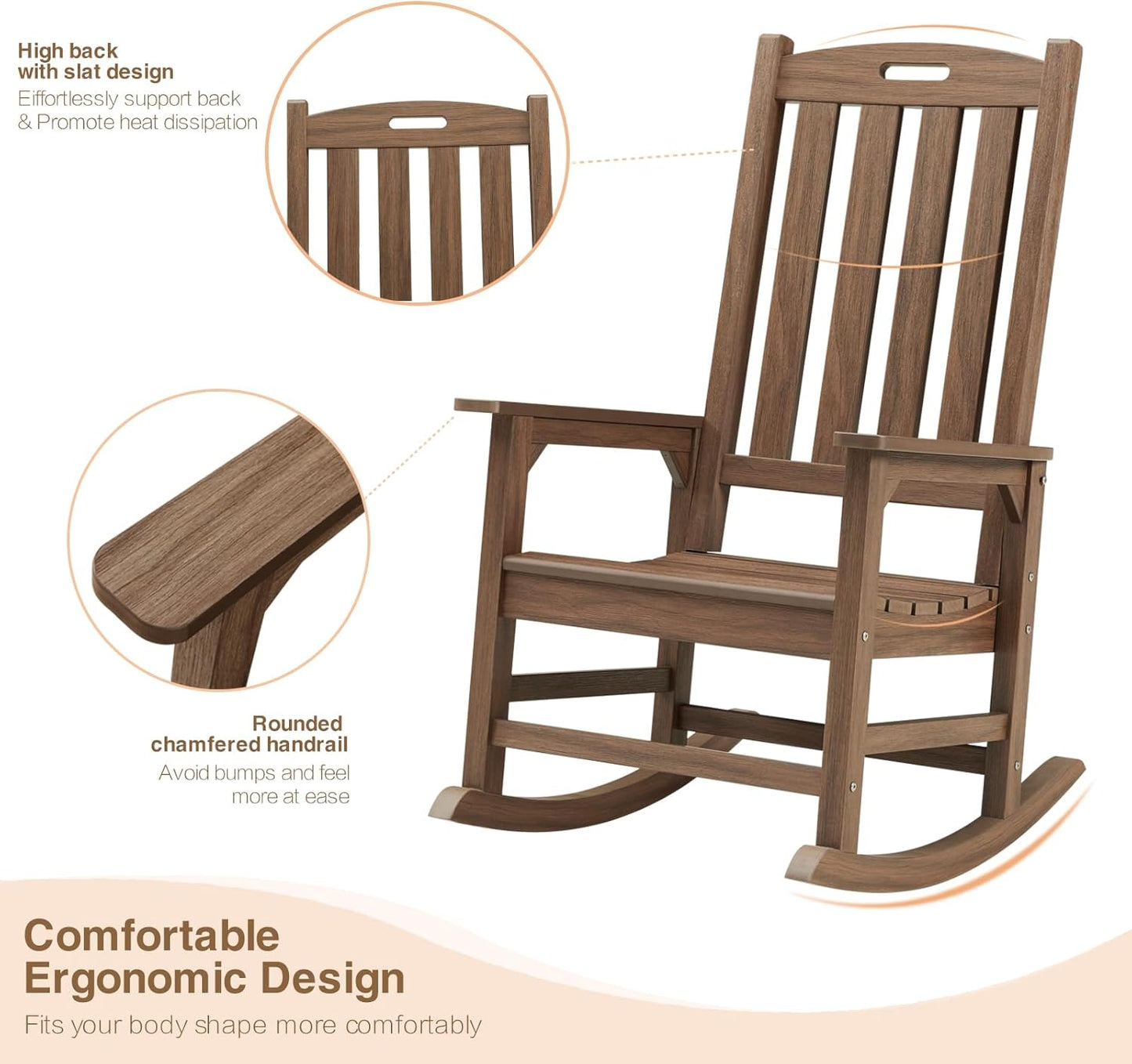 Psilvam Outdoor Rocking Chair Set of 2, Poly Lumber Oversized Rocking Chair with 21" Wide Seat and 32" Tall Backrest, Pre-Assembled with Most Components for Effortless Installation(Bright Brown)