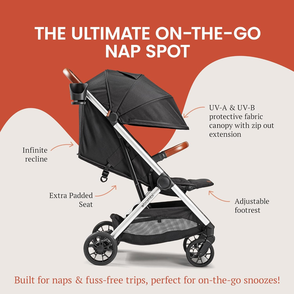 Bombi Bēbee V2 Lightweight Baby Stroller - Premium Vegan Leather, One-Hand Fold, Infinite Recline, Aircraft-Grade Aluminum Frame, XXL Canopy, and Ample Storage Umbrella Stroller - Desert Berry