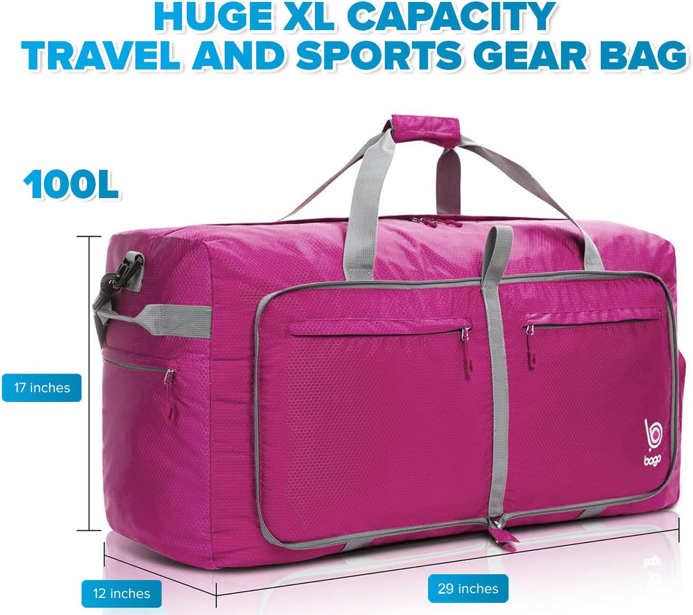 Bago Large Foldable Duffel Bags for Traveling Women & Men - 100L Packable Duffle Bag for Travel with Shoe Compartment - Water Repellant, Heavy Duty, Lightweight Folding & Collapsible (Pink)