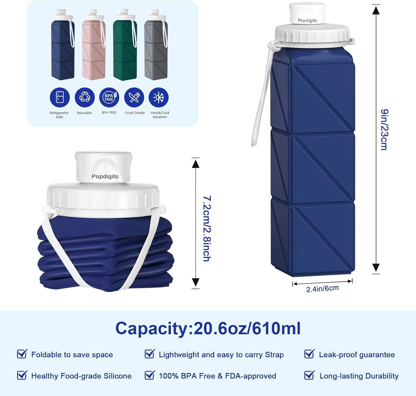 3 pack Collapsible Water Bottles,Silicone Foldable Portable Water Bottle 20.6oz, Lightweight Reusable Leakproof for Travel Hiking Camping Cycling Workouts Yoga Fitness Indoor Outdoor Sports
