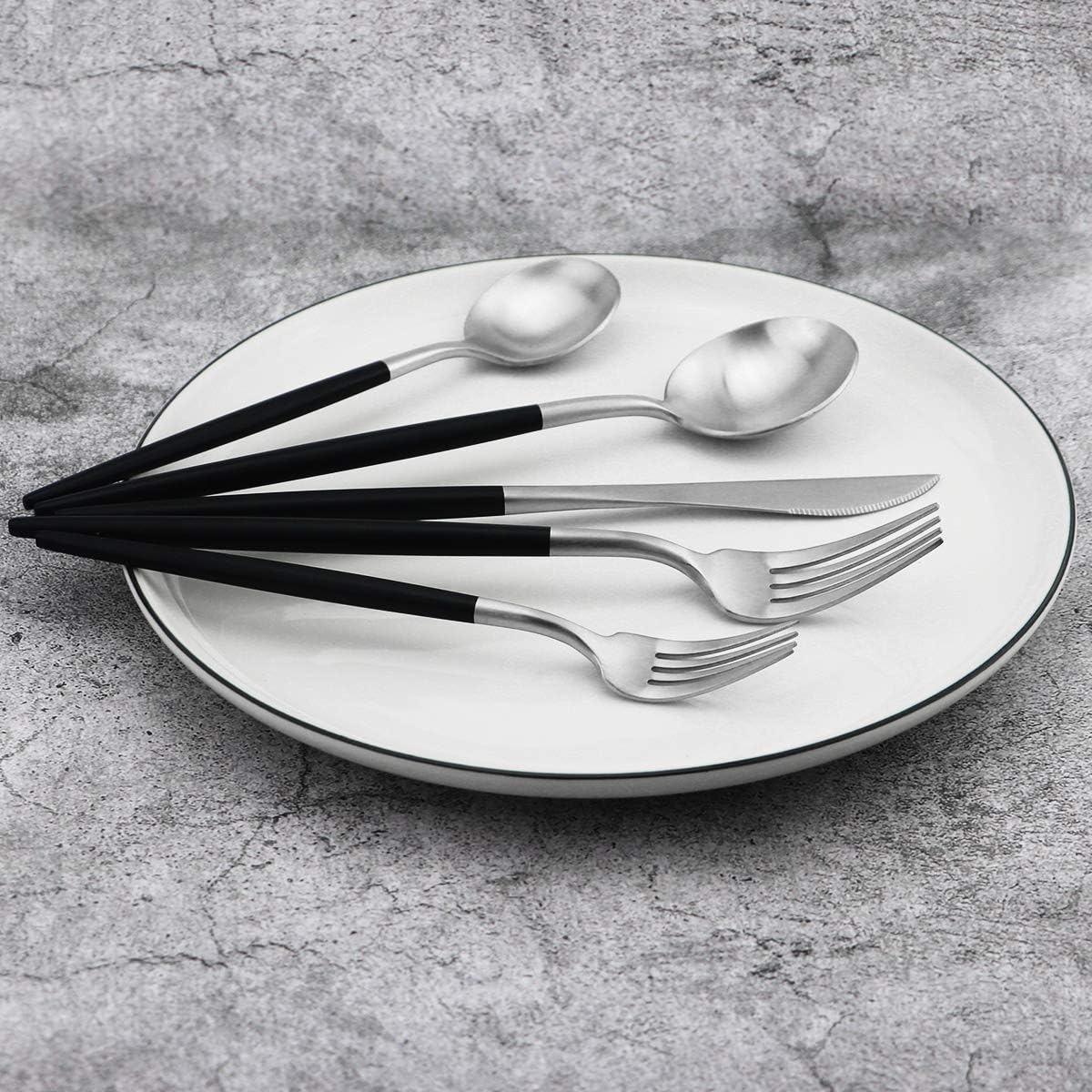 Gugrida 20-Piece 18/10 Stainless Steel Flatware Silverware, Luxury Dinnerware Set Travel Cutlery Tableware Include Knife Fork Spoon Service for 4, Dishwasher Safe (Black Handle Matte Silver)
