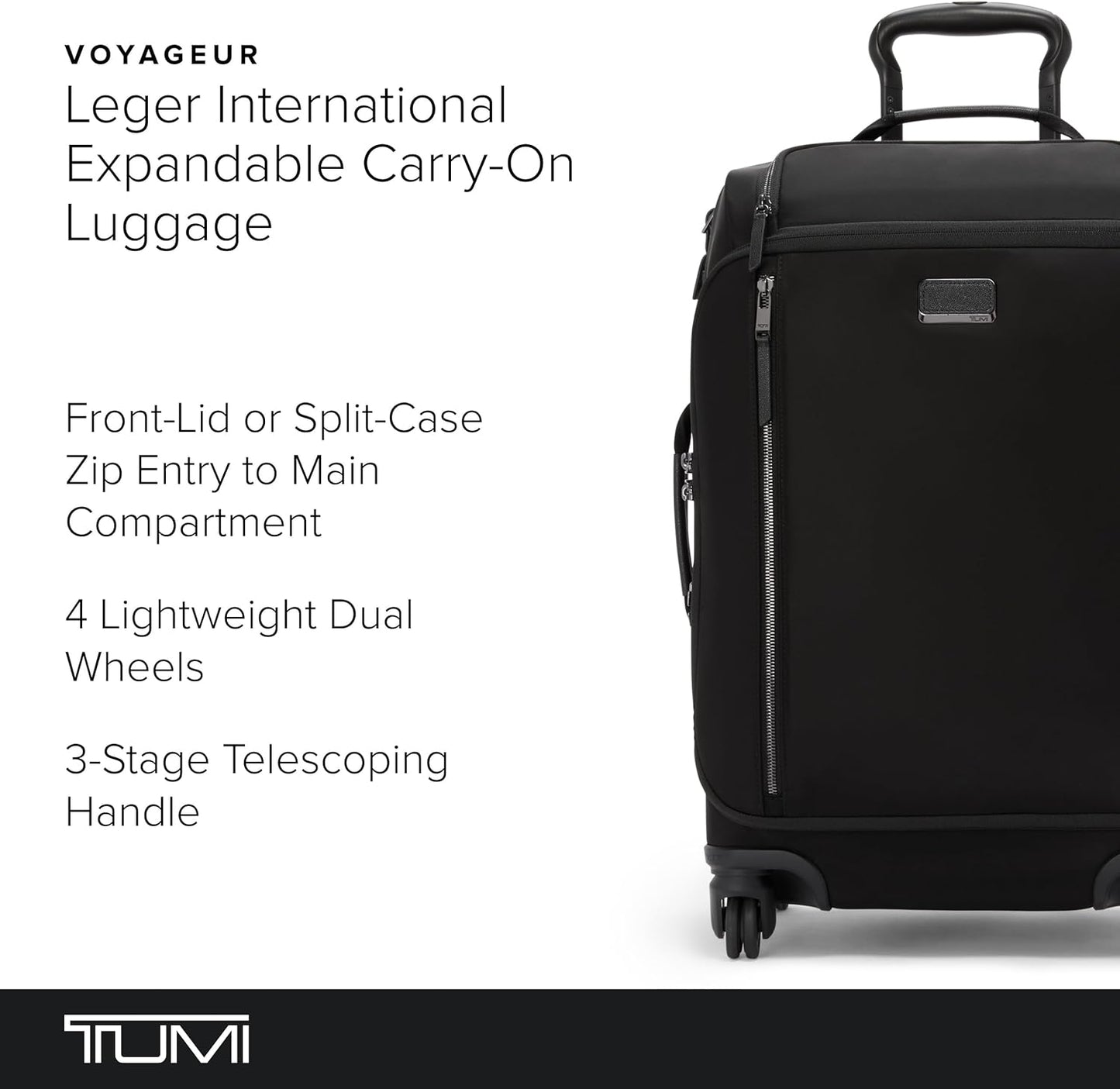 TUMI - Voyageur Leger 4 Wheeled Luggage - Women's Lightweight and Spacious, Sleek Silhouette, Durable Premium Suitcase - 21.8" International Expandable Carry-On, Black with Gunmetal Hardware