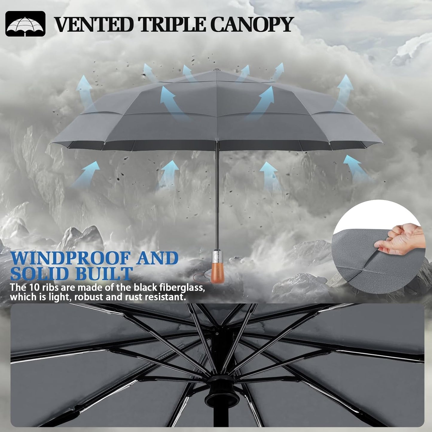 3T Wind Armor Travel Umbrella Compact Easy Auto Open Close Folding Umbrellas for Rain Windproof Umbrella for Women and Men Durable Real Wood Handle Portable Fits Backpack Car