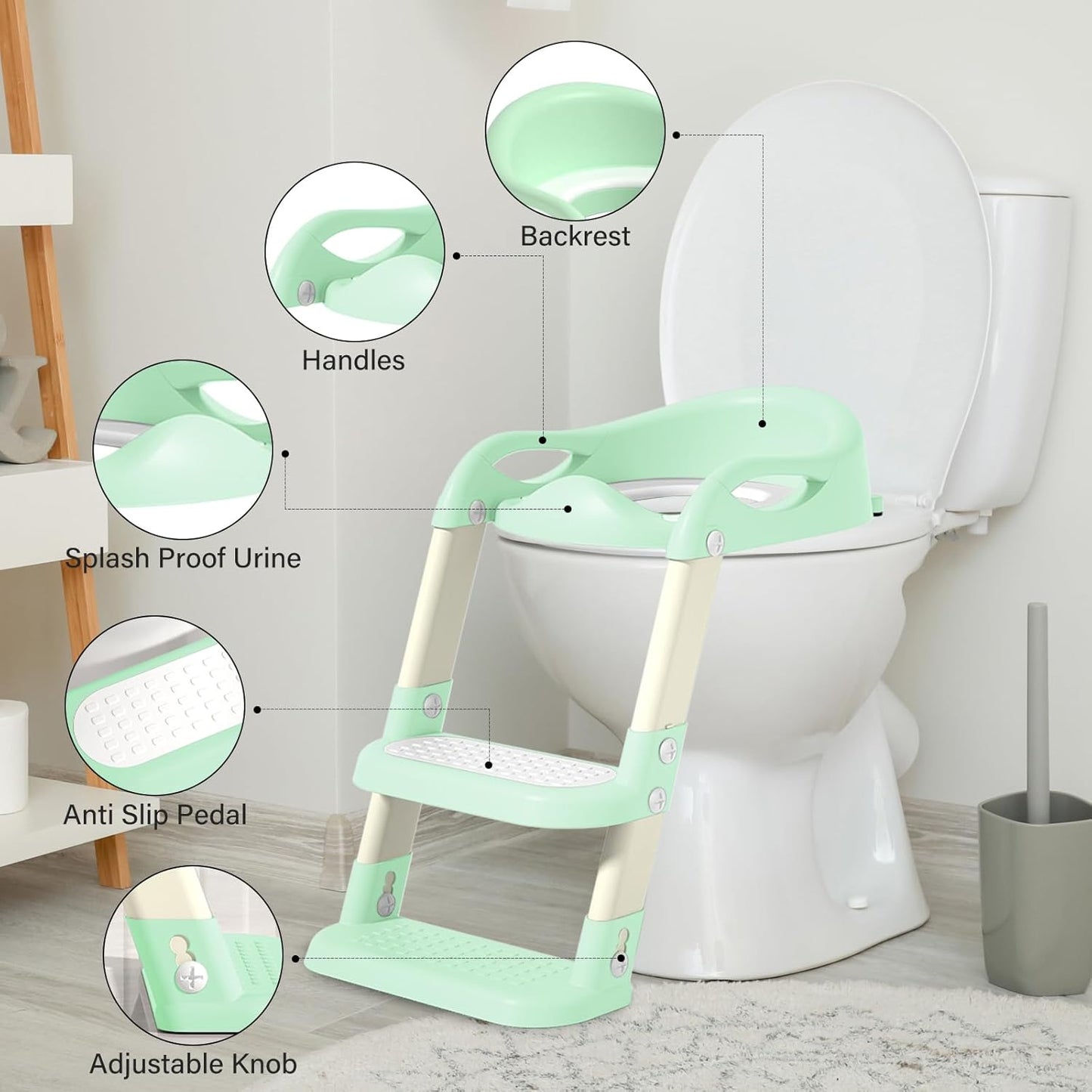 Potty Training Seat with Step Stool Ladder, Adjustable Foldable Potty Seat for Toilet with Anti-Slip Pads Ladder for Kids Boys Girls Toddlers - Green