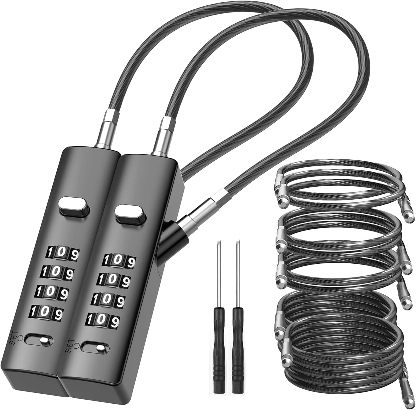 4-Digit Combination Cable Luggage Lock with 3 Interchangeable Steel Cables (9"/24"/47") – for Bike, Backpack, Gym, Cabinet, Gate (Gray, 2 Pack)