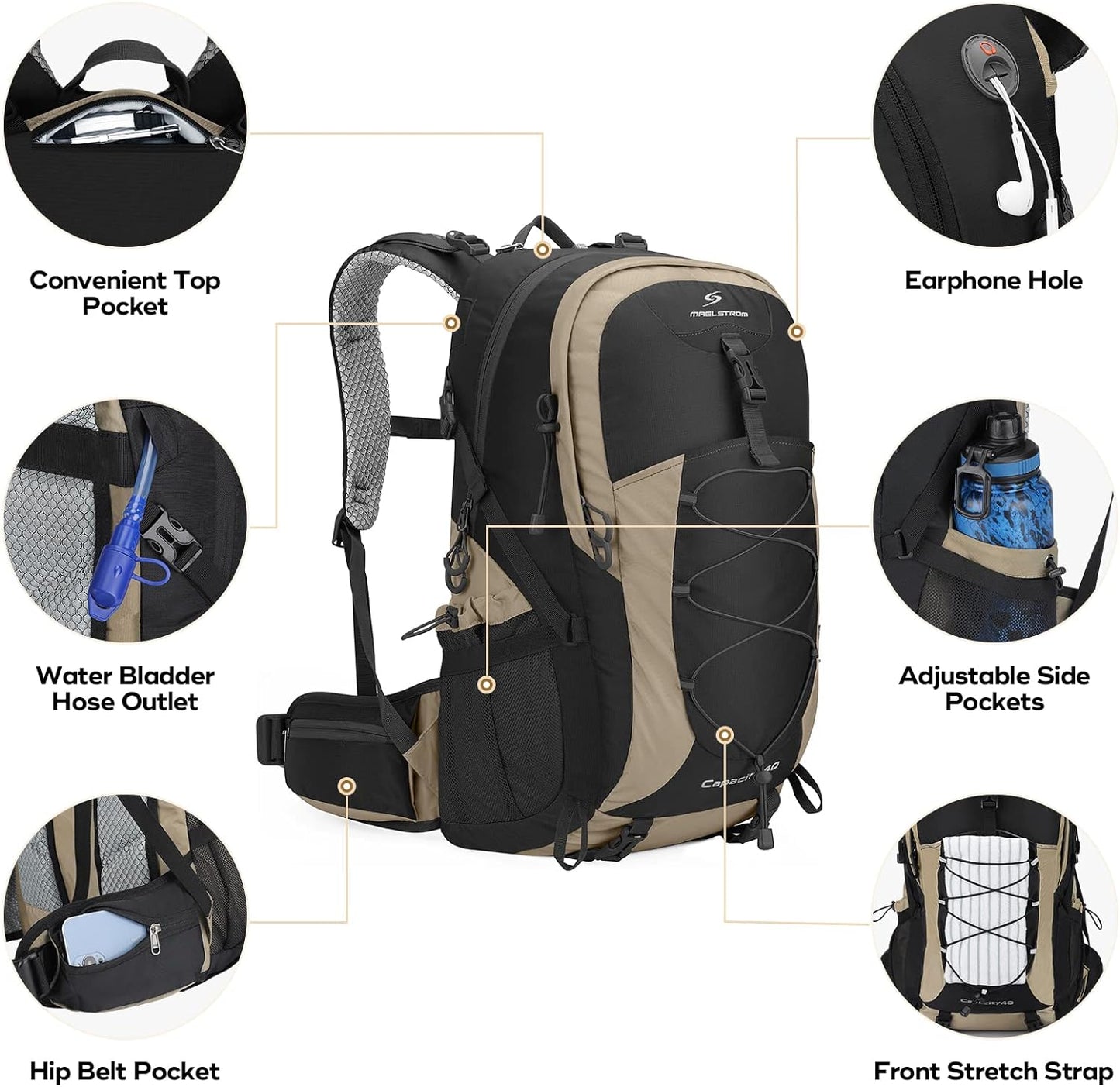 Maelstrom Hiking Backpack,Camping Backpack,40L Waterproof Hiking Daypack with Rain Cover,Lightweight Travel Backpack,Khaki