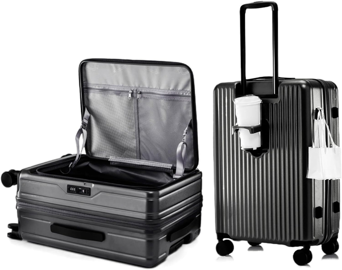 HotWay 19 Inch Expandable Carry On Luggage with Cup Holder, Hardside TSA Approved Luggage with Spinner Wheels, Top Opening Suitcase For Travel, Black