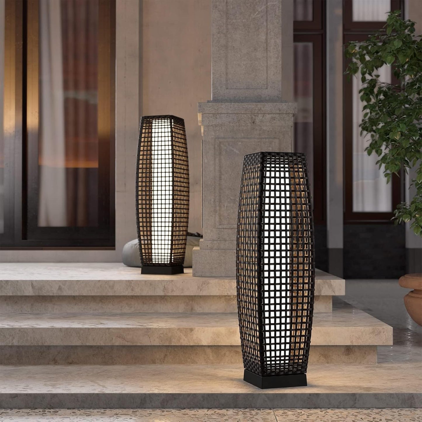Grand patio 2-Piece Outdoor Floor Lamp Solar Powered Lantern Water-Resistant Wicker Deck Patio Light, Lamp Large-Sized for Garden or Porch-Large Fuji, Silver Gray