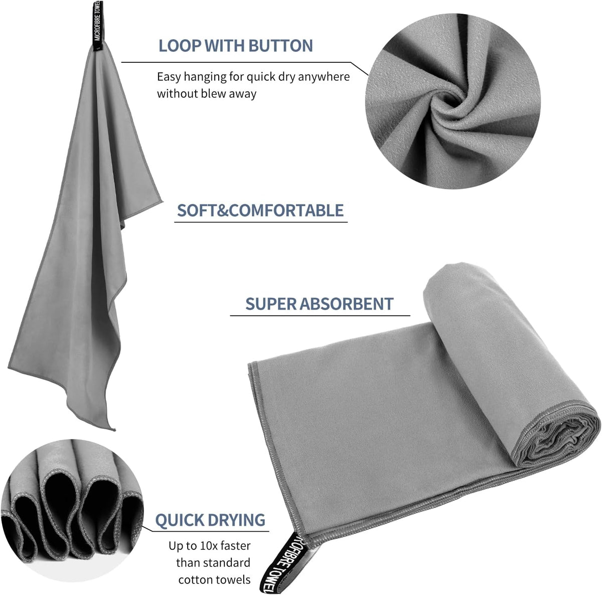 Microfiber Travel Towel, Soft Lightweight Quick Dry Towel, Super Absorbent Compact Travel & Sports & Beach Towels for Camping, Backpack, Gym, Swimming, Yoga, Hiking (L:24"×48" -Light Gray)