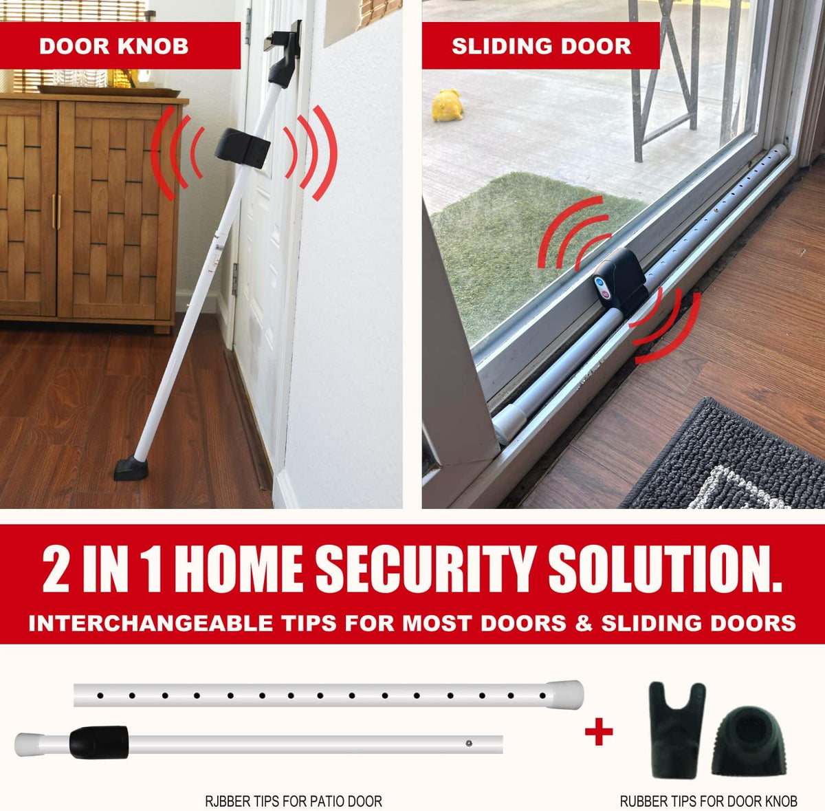 SECURITYMAN 2-in-1 Door Security Bar with Alarm & Sliding Door Stopper Security Bar with 120db Loud Siren - Rugged Iron Rated for 400lbs, (Protects Against Scratches) New Model for Wider Compatibility