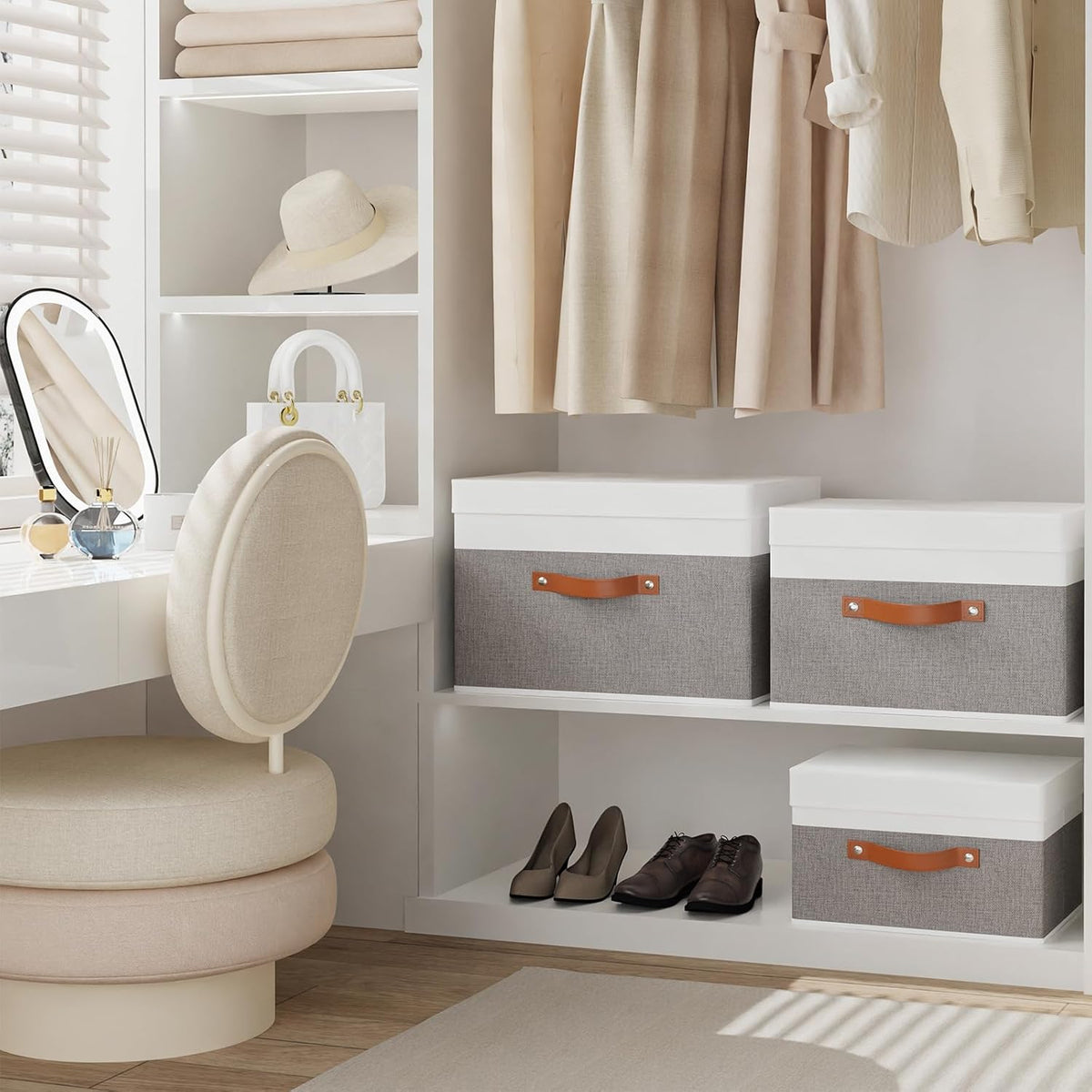 Fabric Storage Boxes with Lids, Linen Foldable Cloth Baskets, Closet Organizer Containers with Double Handles, Sweater Bins for Bedroom, White and Grey, 5 Pack, 13 x 9.1 x 7.9 Inch