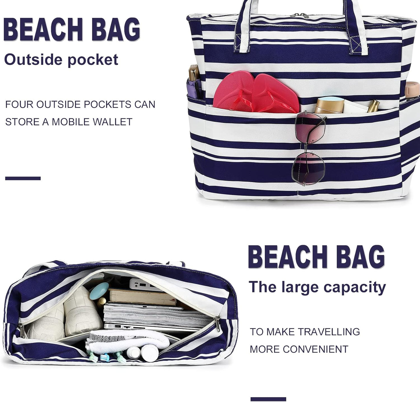 LEDAOU Beach Bag Waterproof Sandproof Women Tote Bag Pool Bag with Zipper for Gym Grocery Travel with Wet Pocket