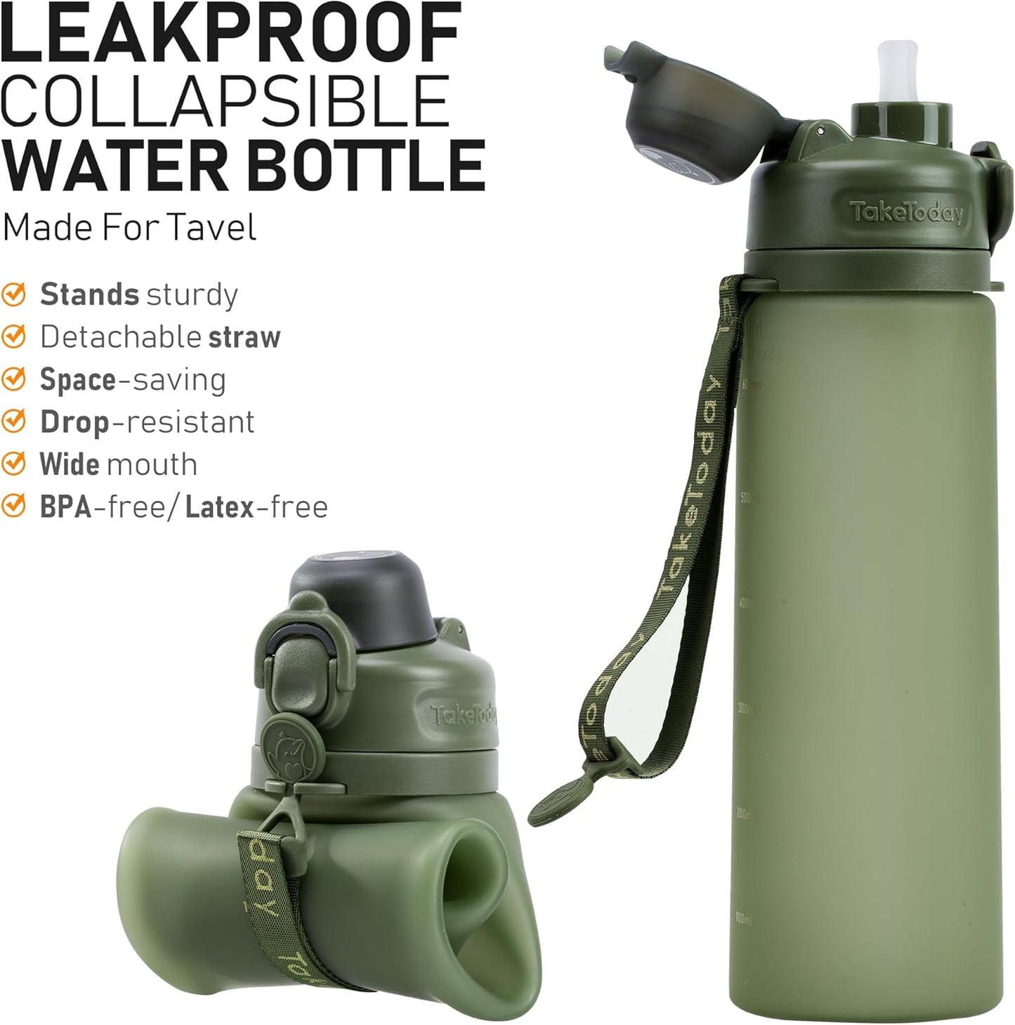 TakeToday Collapsible Water Bottles 20oz, Leak Proof, BPA-Free, Foldable Silicone Travel Water Bottle with Straw Strap for Cycling, Hiking, Outdoors