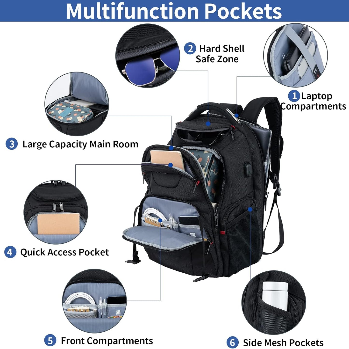 VANKEAN 17.3'' Travel Laptop Backpack TSA Friendly, Water Resistant Anti Theft Extra Large College Backpacks with RFID Pockets, USB Port for Men Women Business Work Bag, Black