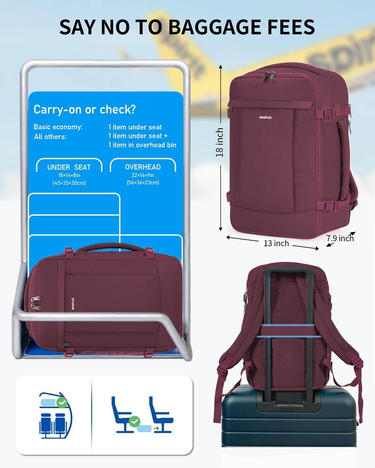 ECOHUB Travel Backpack for Women, Carry on Backpack with USB Charging Hole, Spirit Airlines Personal Item Bag Flight Approved, 15.6 Inch Laptop Backpack with Anti Theft Pockets, 30L, Red