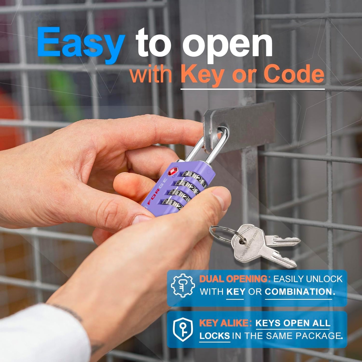Forge Dual-Opening: Key or Combination Access Lock, TSA Approved Locks for Luggage, Pelican case, Travel, Gym, School, Stainless Steel Shackle. (Purple, 2 Pk)