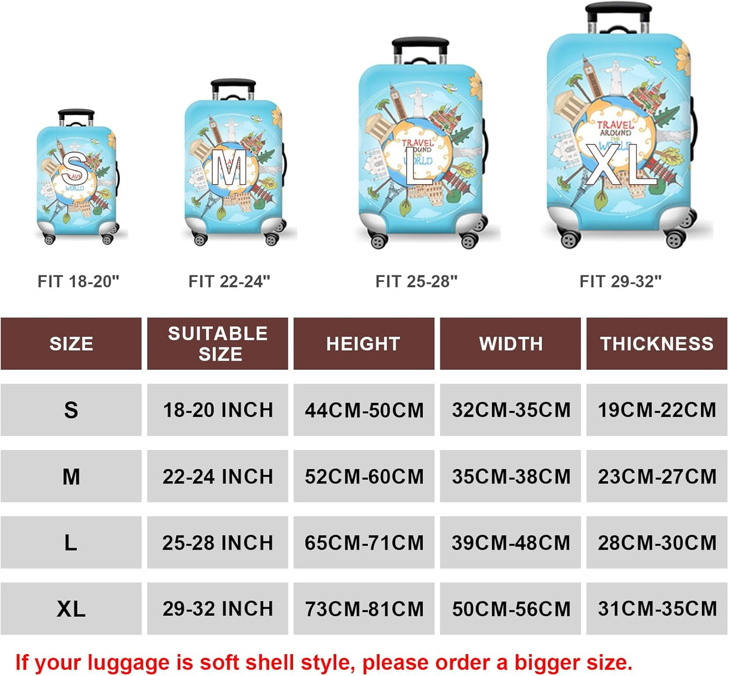 WUJIAONIAO Travel Luggage Cover Baggage Suitcase Cover Protector Skins 18-32 Inch (ocean, M (for 22-24 inch luggage))