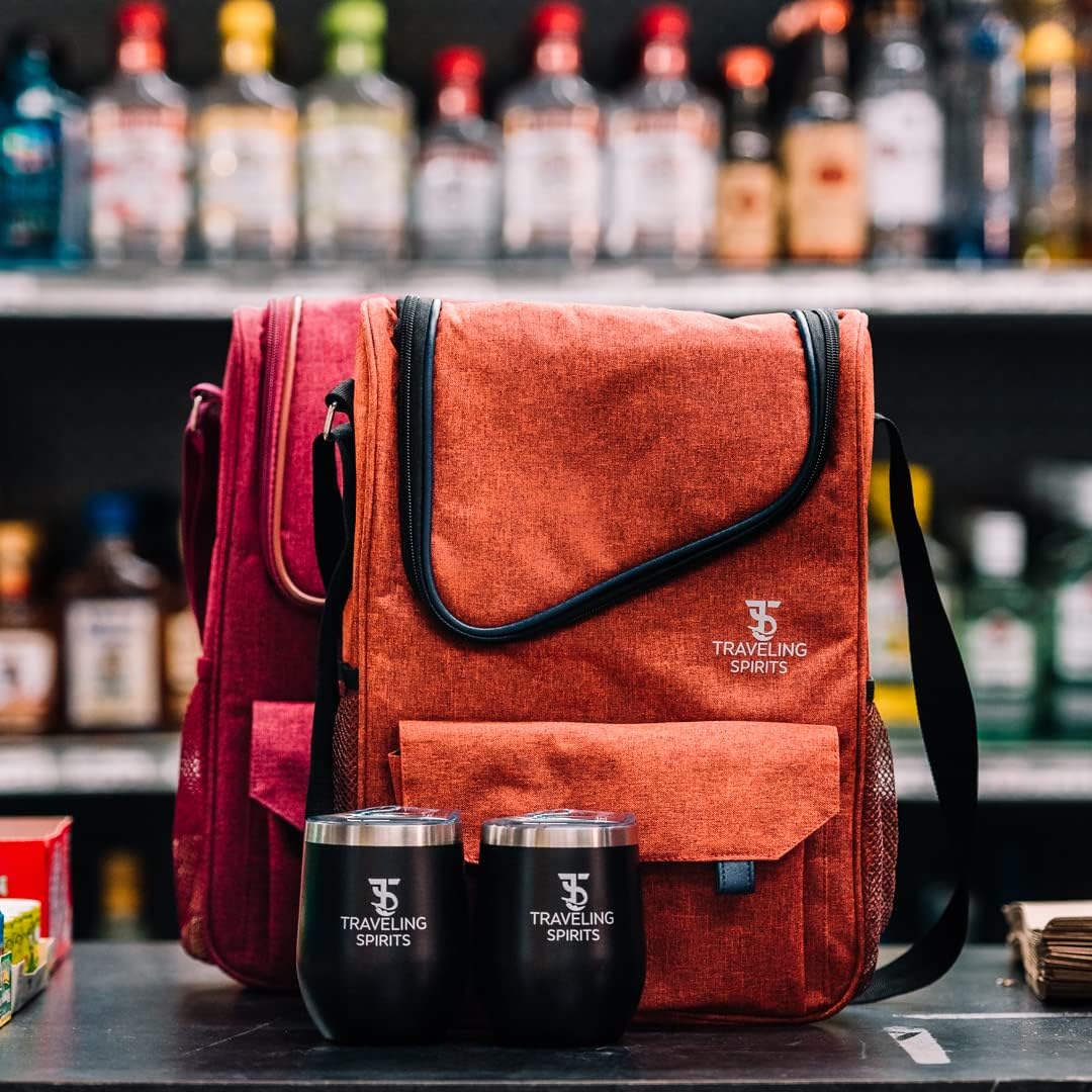 Insulated Red Wine Edition Carrier | 2-3 Bottle Travel Bag With Stainless Steel Tumblers | Cooler Tote for Travel - Great Gift for Wine Lovers (Red)