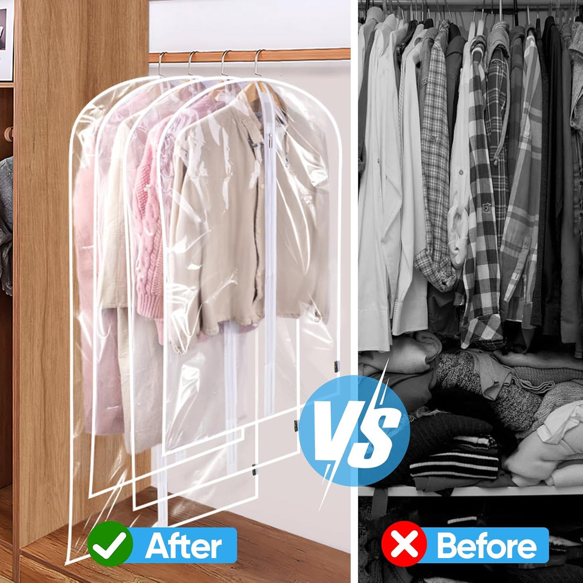 BALEINE 48'' Clear Garment Bags, 12 Packs PEVA Dress Bag for Closet Clothes Dresses Suit Coats Storage (Clear, 12PK)