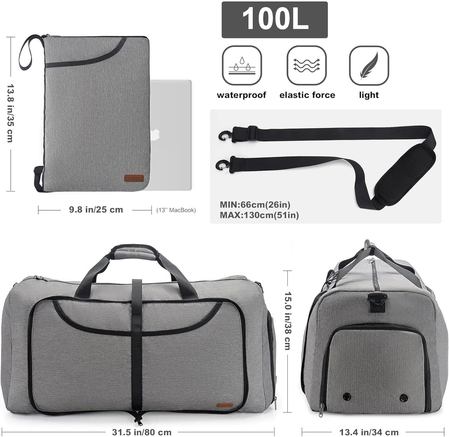 100L Duffle Bag for Travel, Large Foldable Waterproof Travel Duffel Bags Weekender Overnight Bag for Men and Women with Shoe Compartment