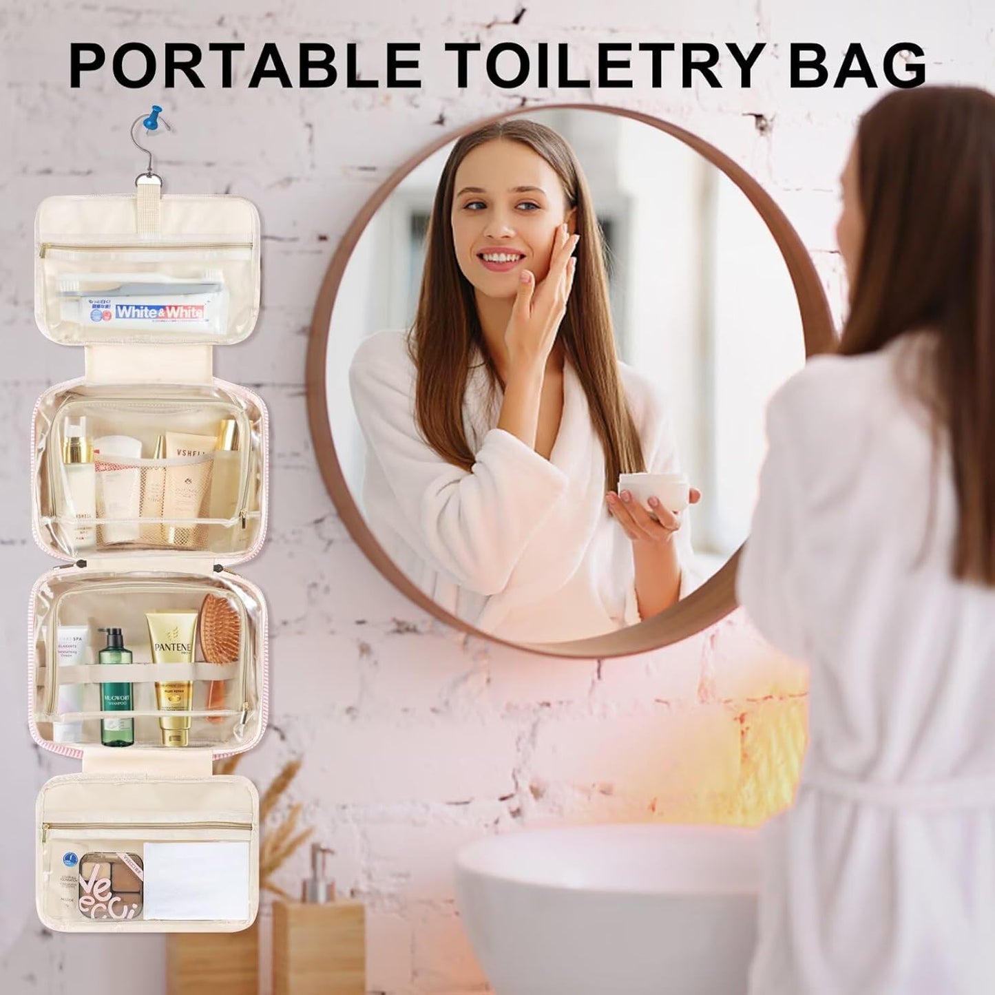 TOPEAST Travel Toiletry Bag for Women - Hanging Toiletry Bag Makeup Bag, Portable Toiletries Cosmetic Bag, Airplane Travel Essentials - Letter O, Pink