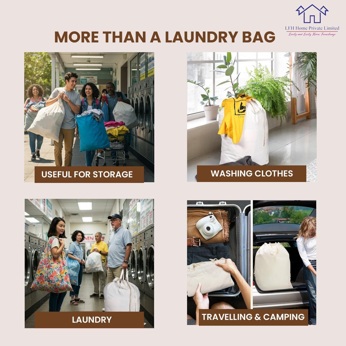 LFH Home Cotton Canvas Large Laundry Bag with Handle, Heavy Duty Drawstring Closure Washable Laundry Bags, School Travel, Home, Hotel, College Dorm, Organizer Sack, Toy Clothes 28x36 (Pack of 4)-White