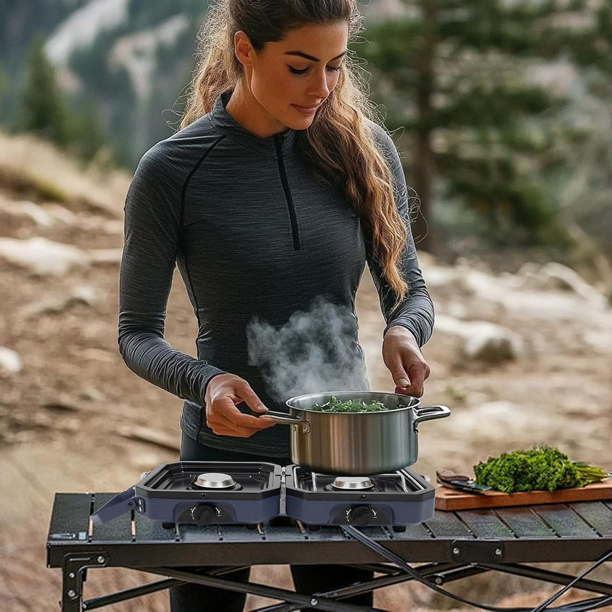 2-Burner Foldable Camping Stove with Griddle and Carrying Bag，16000 BTU Portable Propane Camp Stove with 2 Adjustable Burners & Piezo Ignition, for Camping, Home Backyard, Frying Turkey, Blue