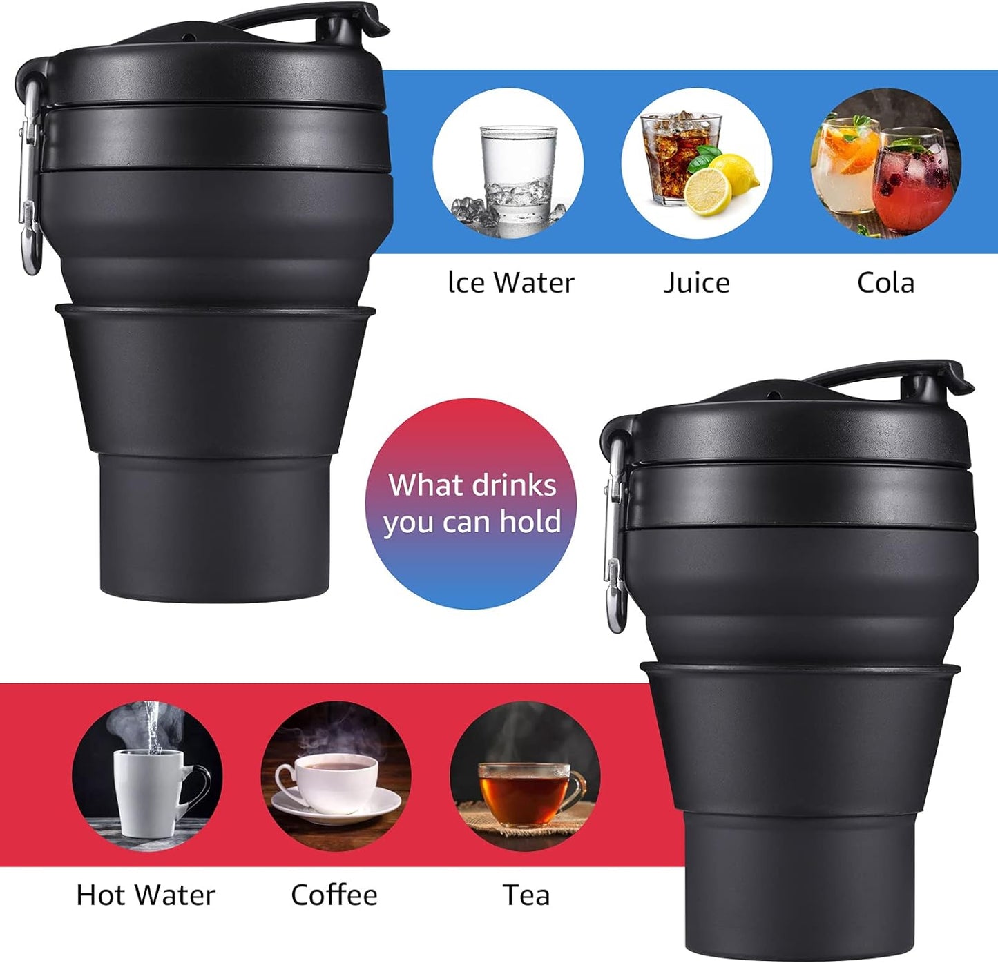 Collapsible Coffee Cup, 16 OZ 480ml Silicone Travel Folding Cup, Leak Proof BPA Free Portable Cup, Travel mug with Lids for Camping hiking (16OZ)