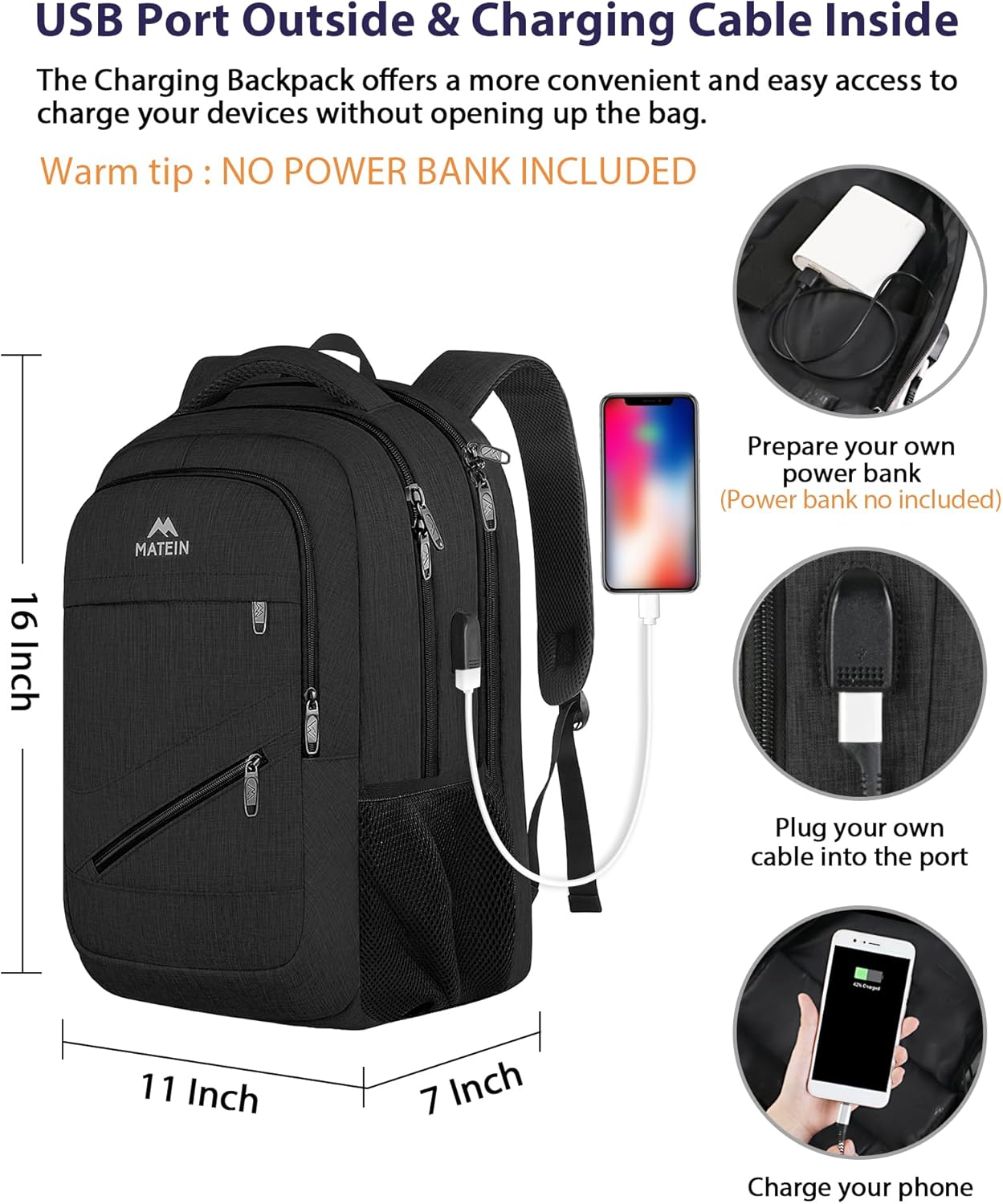 MATEIN 15.6 Inch Backpack for Men Women, 20 L Personal Item Casual Backpack Airline Approved, Water Resistant Laptop Computer Backpack with Multiple Organized Pockets, Black