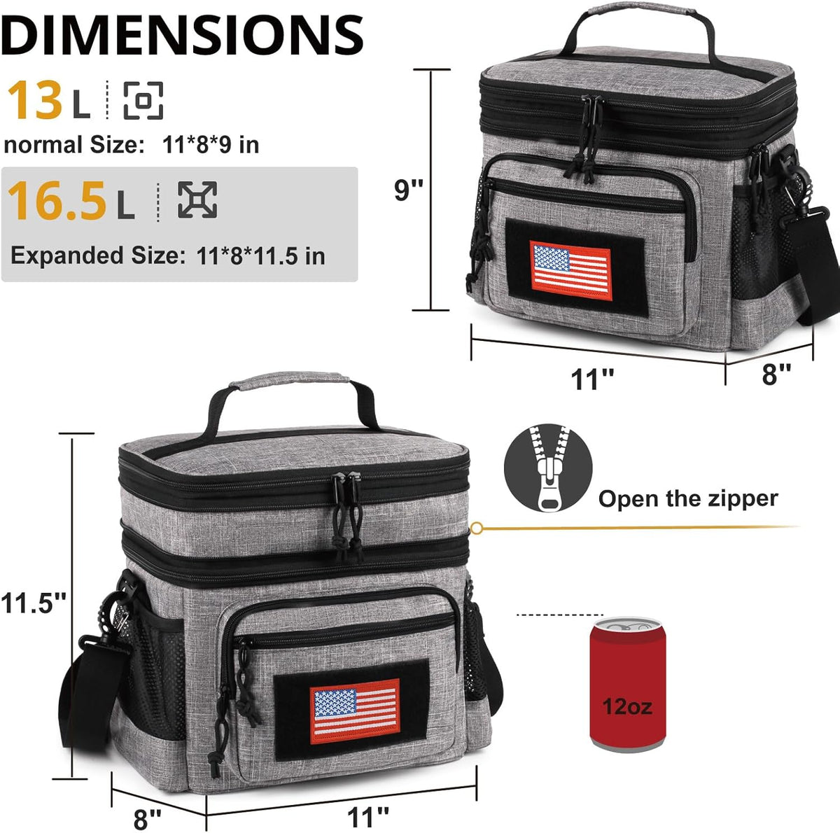 ATRIPACK Lunch Bag for Men, Double Deck Tactical Lunch Box Work with Shoulder Strap MOLLE Webbing Large Lunch Cooler Leakproof Insulated （Grey）