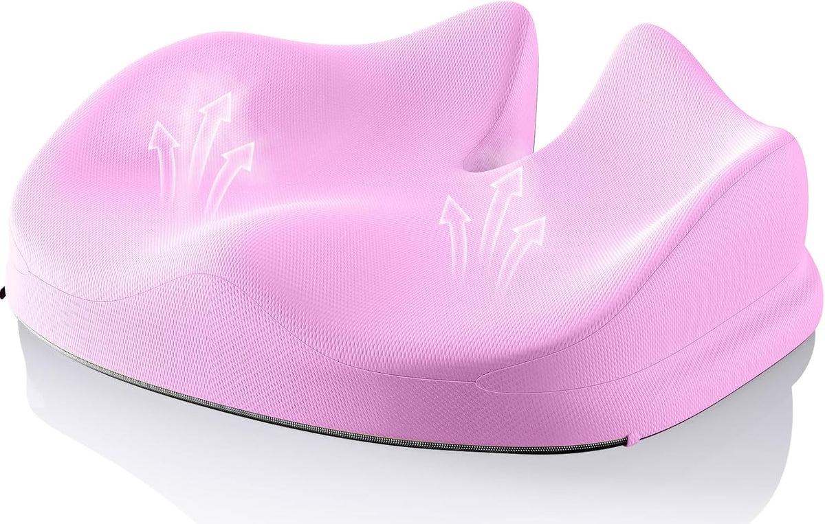Benazcap Large Seat Cushion for Office Chair Memory Foam Coccyx Pain Relief Cushion Pillow for Back Support Non-Slip Seat Pad for Office Desk, Car Seat, Wheelchair, Sciatica-Pink