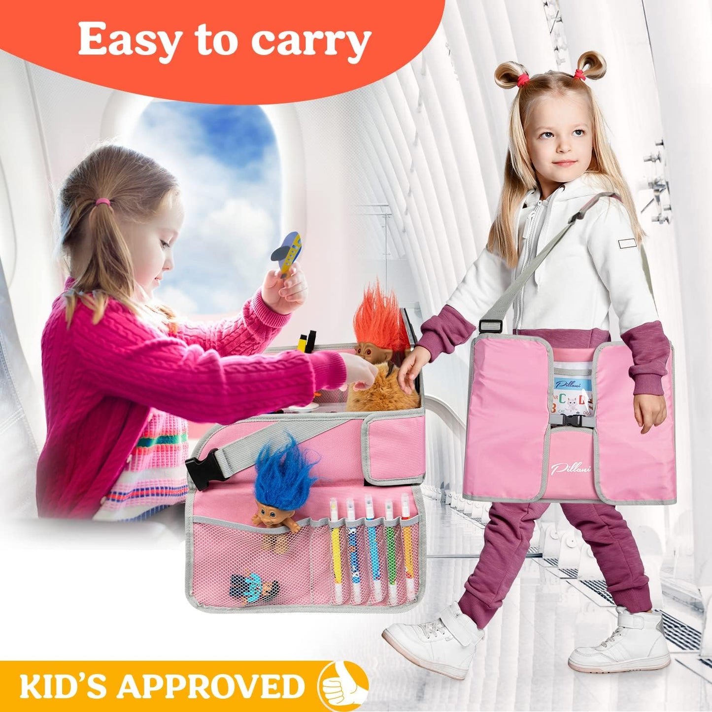 PILLANI Kids Travel Tray for Car - Car Seat Tray for Kids Travel, Road Trip Essentials Must Haves - Carseat Table Roadtrip Activities - Toddler Lap Desk Organizer for Airplane - Pack of 2, Pink