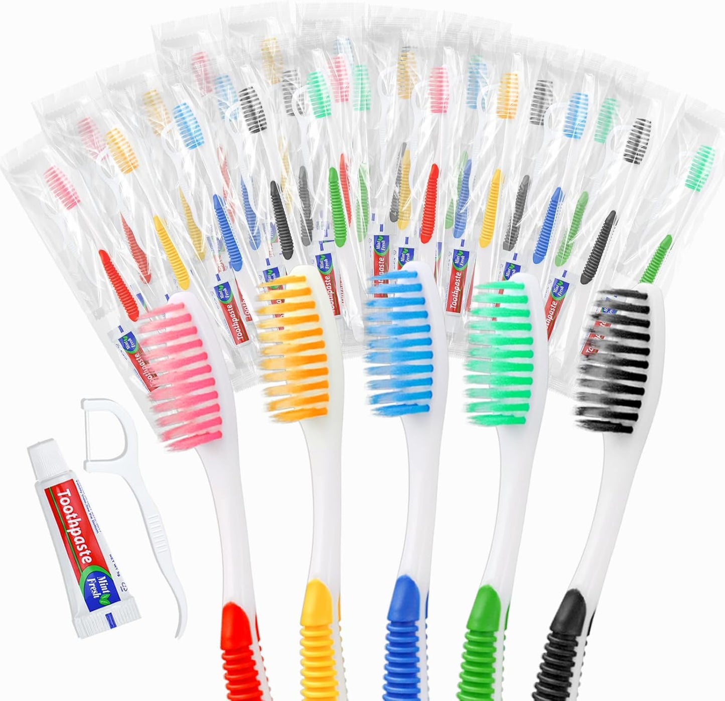 Disposable Toothbrushes with Toothpaste and Floss,50pcs Single Use Individually Wrapped Disposable Travel Toothbrushes and Dental Floss Kit Bulk for Homeless,Airbnb,Dentist,Hotel(5 Colors)
