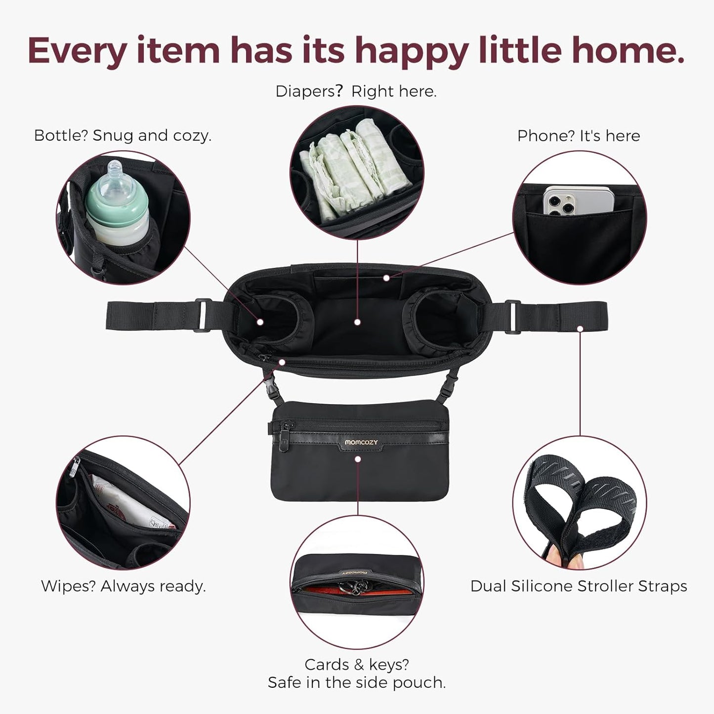 Momcozy Universal Stroller Organizer | Minimalist Caddy with 2 Insulated Bottle Holder | Silicone Anti-Slip Straps | Detachable Mini Pouch | Durable Dense-Weave, Fits for UPPAbaby/Doona & More