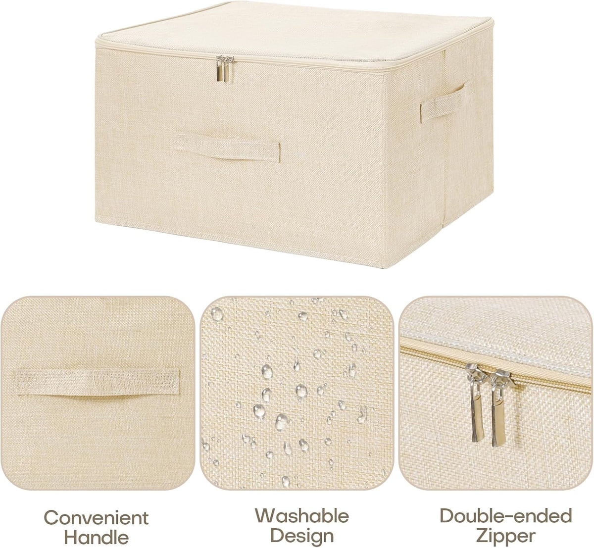 ANMINY 2PCS Storage Bins with Zipper Lids 36 Qt Lidded Fabric Storage Boxes Baskets Cubes with Handles Collapsible Washable Cotton Linen Closet Shelf Clothes Organizer Containers - Beige, Large