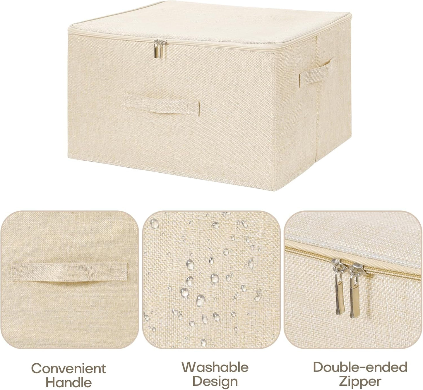 ANMINY 2PCS Storage Bins with Zipper Lids 51.9 Qt Lidded Fabric Storage Boxes Baskets Cubes with Handles Collapsible Washable Cotton Linen Closet Shelf Clothes Organizer - Beige, Extra Large