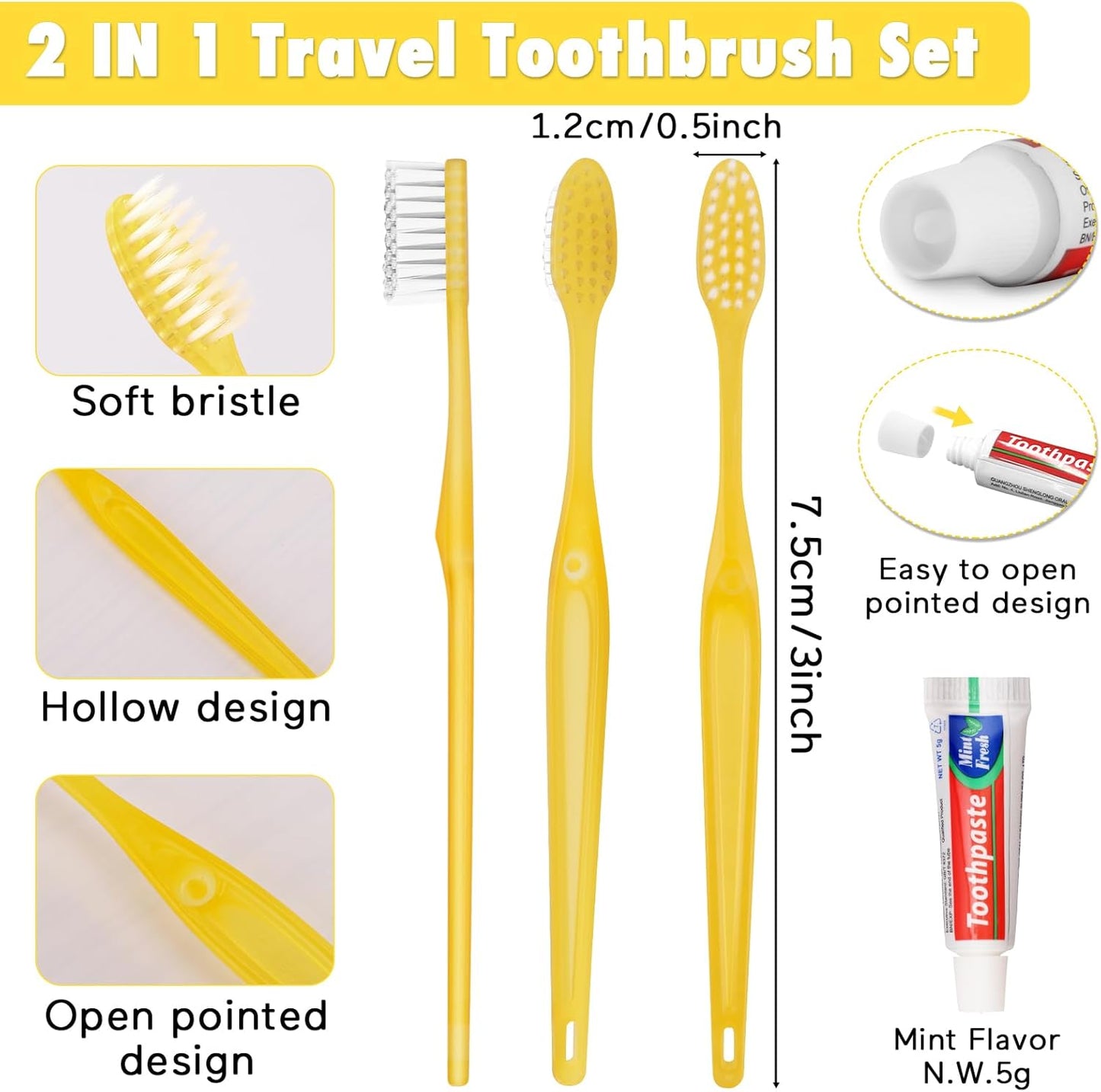 HOFASON Disposable Toothbrushes with Toothpaste Pack of 1000, Yellow Hollow Travel Toothbrush Set with 5g Toothpaste Individually Wrapped Toothpaste Bulk for Homeless, Nursing Home, Shelter, Hotel