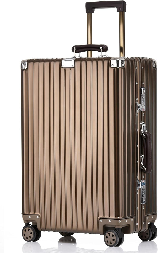 HotWay 20 Inch All Aluminum Carry On Luggage with Leather Handle, Hard Shell Zipperless Suitcase with TSA Locks and Spinner Wheels, Travel Luggage (22x14x9 Airline Approved), Gold