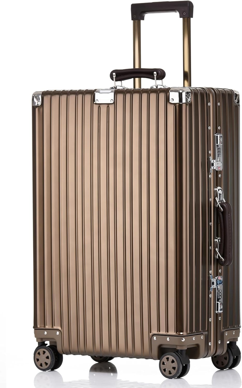 HotWay 28 Inch All Aluminum Checked in Luggage with Leather Handle, Hard Shell Zipperless Suitcase with TSA Locks and Spinner Wheels, Large Luggage for Business Travel, Gold
