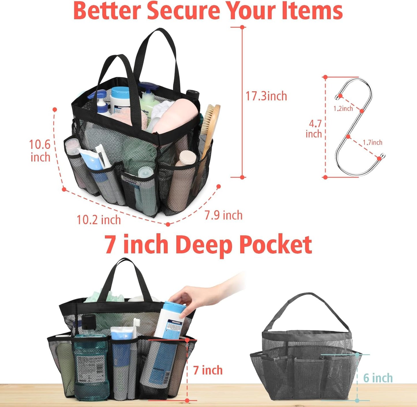F-color Mesh Shower Caddy Portable with 2 Pack Name Tags, Upgrade Deeper 7 Pockets Shower Bag Tote for College Dorm Room Toiletry Bathroom Essentials Gym Camp Quick Dry 2 handles with S Hook, Black