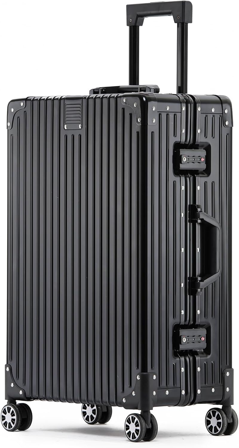Metal All Aluminum Carry-on Luggage TSA Customs Lock Zipperless Silent Rotary Wheel Business Suitcase Aluminum Frame Set (black, 28 '')
