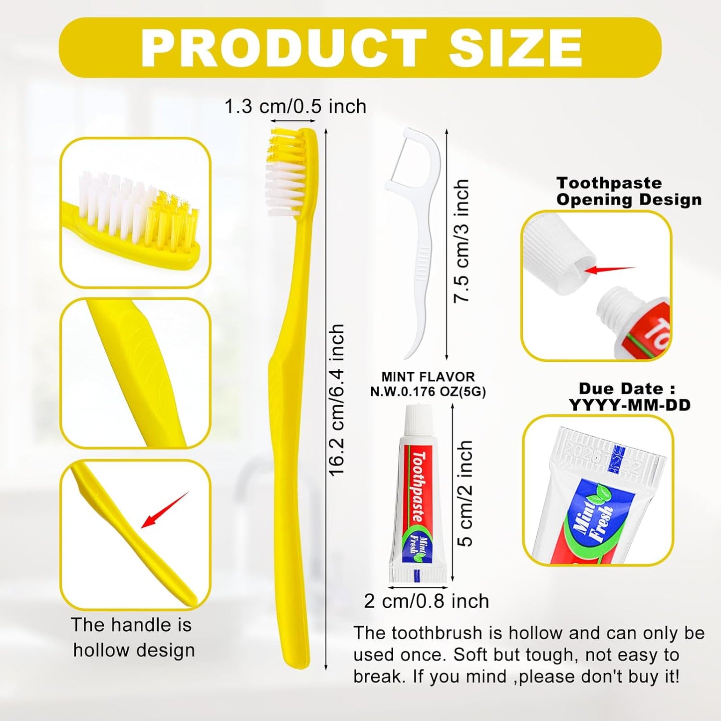 50 pcs Disposable Toothbrushes with Toothpaste and Floss,Yellow Bulk Single Use Toothbrush Floss Pick Individually Wrapped Disposable Travel Toothbrushes Kit for Homeless,Airbnb,Hotel,Guest