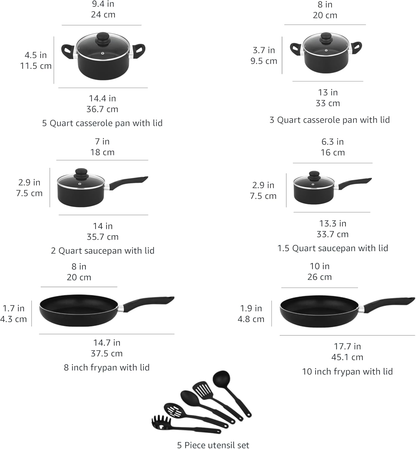Amazon Basics Non Stick Kitchen Cookware 15-Piece Set, Non-Induction, Includes Pots, Pans, and Utensils, Black