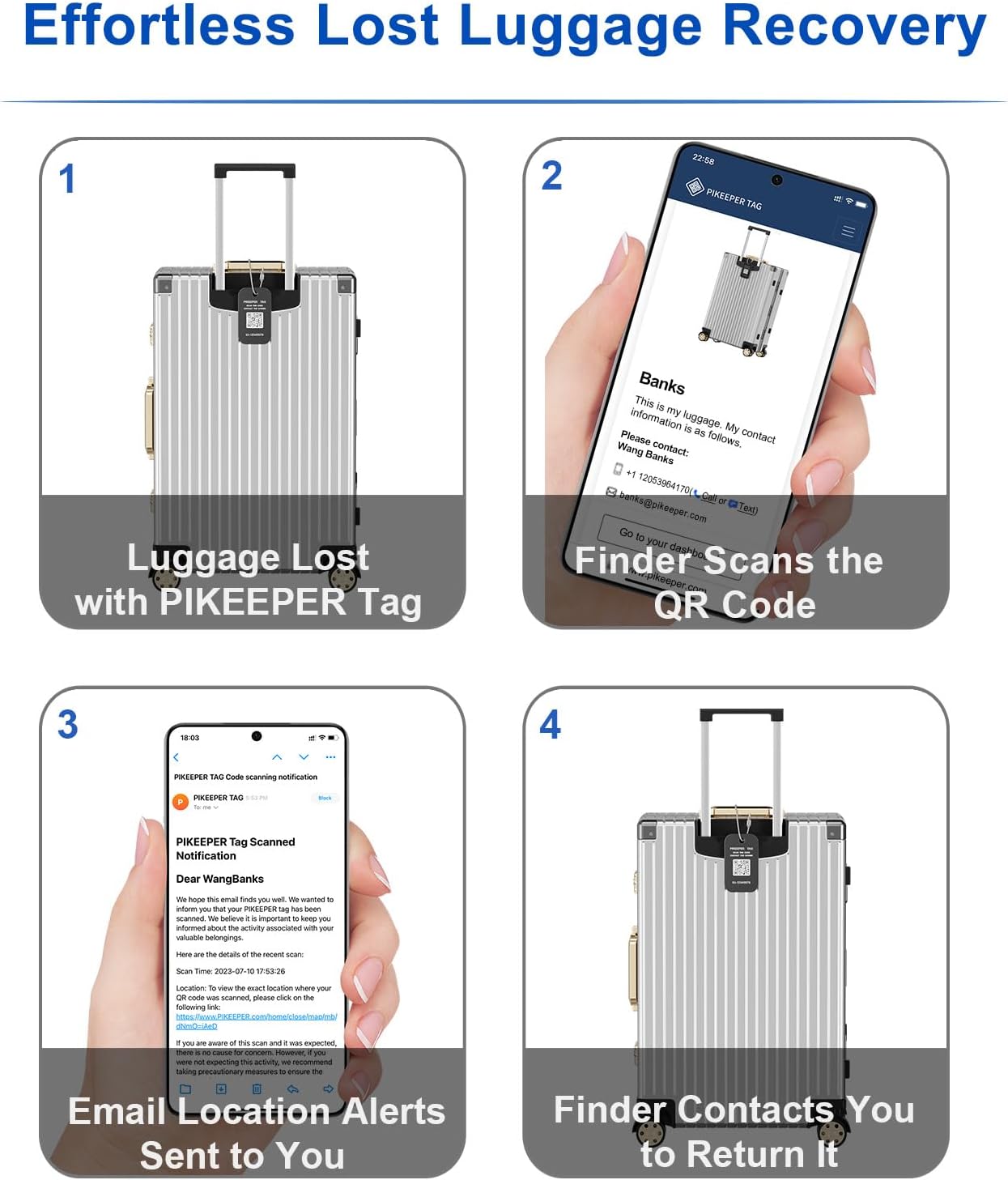 Smart Luggage Tags with QR Code Location Display - Customizable Tags with Privacy Protection for Lost & Found, 4-Pack Waterproof & Durable Travel ID Labels for Suitcases & Backpacks
