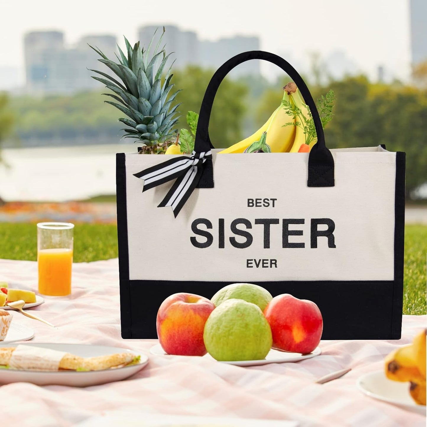 TOPDesign Embroidery Canvas Tote Bag for Women, Birthday Gifts for Big, Little Sister, Soul Sister, Friends Female, Best Friends, Personalized Present Bag, Ideal for Beach, Holiday