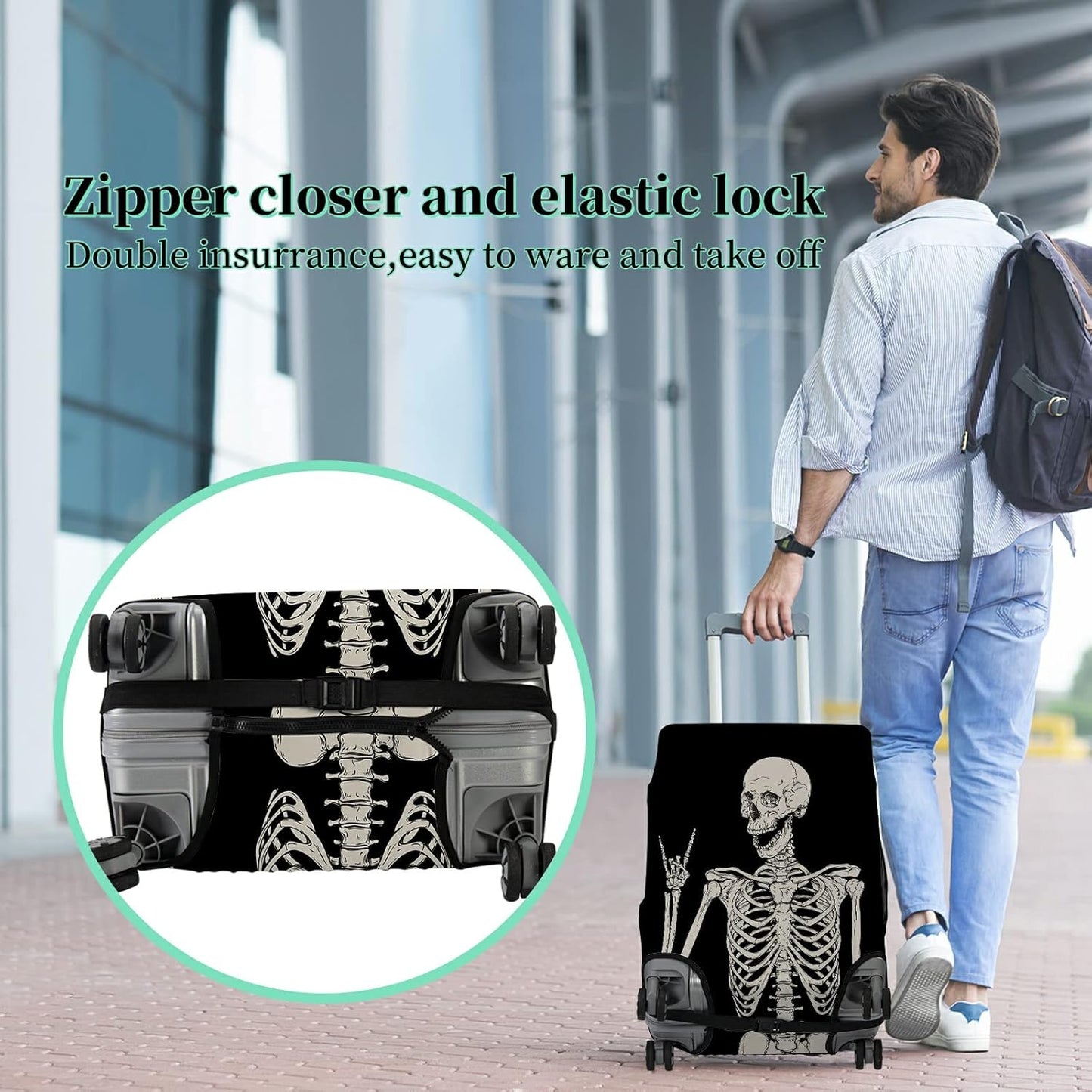 Luggage Cover Suitcase Protector Plus 1 Luggage Tag, Rock Skull Travel Suitcase Cover Suitable for 22-24 inch Luggage (M) with Concealed Zipper Washable Elastic Cloth Dustproof Anti-Scratch