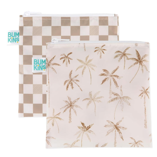 Bumkins Reusable Sandwich and Snack Bags, for Kids School Lunch and for Adults Portion, Washable Fabric, Waterproof Cloth Zip Bag, Travel Pouch, Food-Safe, Large 2-pk Palm Trees, Check